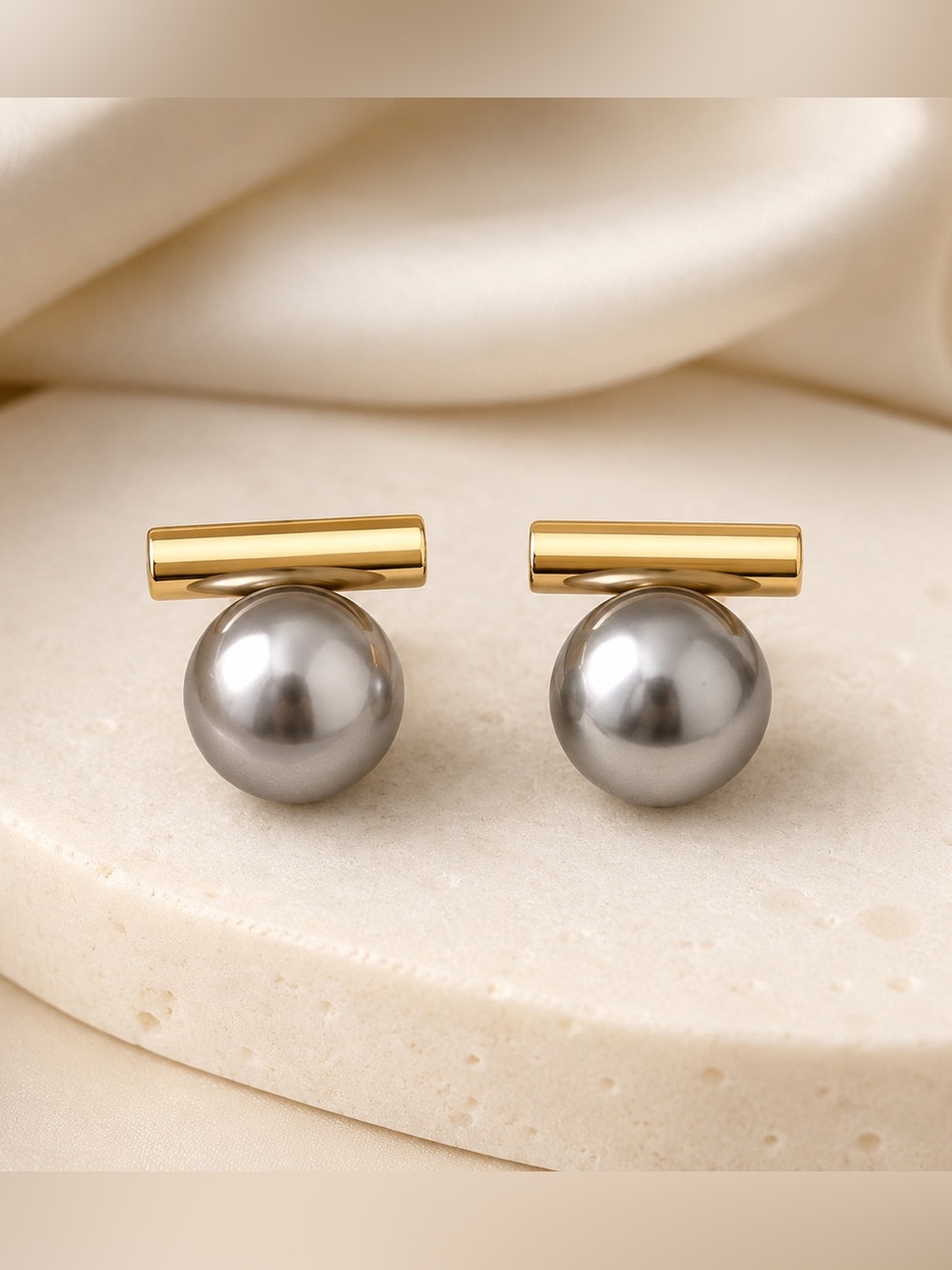 Gold Bar Metallic Gray Pearl Drop Earrings Handmade Statement Jewelry